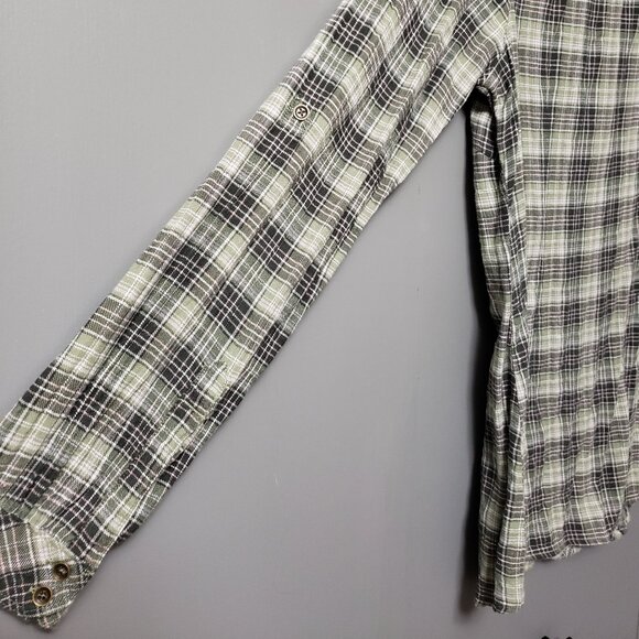 VTG Eddie Bauer Petite Green Plaid Ruffled Buttoned Down Shirt - Picture 6 of 10